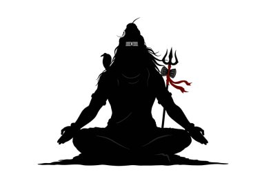 Lord Shiva silueti. Bu resim, Hindu yıkım ve dönüşüm tanrısı Shiva 'nın özveri, meditasyon ve ilahi enerjiyi sembolize eden cesur bir taslağını tasvir ediyor. Clipart illüstrasyon tasarımı.