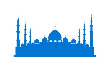 Mavi cami silueti. Bu resim, İslami mimari ve kültürel mirası temsil eden birden fazla kubbe ve minaresi olan bir caminin mavi siluetini gösteriyor. Clipart illüstrasyon tasarımı.