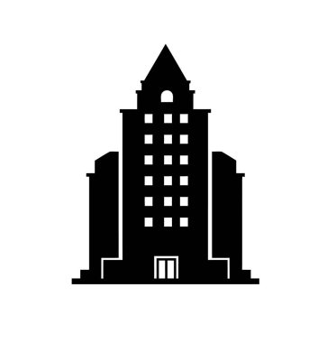 Otel silueti. Bu görüntü, oteli temsil eden birden fazla penceresi ve merkezi girişi olan yüksek bir binayı gösteriyor. Clipart illüstrasyon tasarımı.