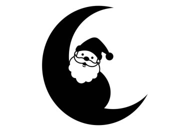 Noel Baba 'nın silueti. Bu resim, Noel Baba 'nın yüzünün hilal şeklindeki siyah beyaz bir klişe çizimini gösteriyor. Şenlikli ve kaprisli bir tatil süsü oluşturuyor. Clipart illüstrasyon tasarımı.
