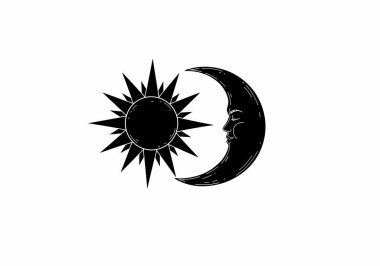 Güneş ay silueti. Bu resim bir güneş ve ayın siyah ve beyaz çizimini gösteriyor. Güneşin keskin ışınları ve ayın yüz profili vardır. Clipart illüstrasyon tasarımı.