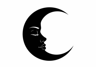 Ay yüzü silueti. Bu görüntü insan yüzü profiline sahip hilal şeklindeki bir ayı gösteriyor. Kapalı gözleri ve detaylı yüz hatları var. Clipart illüstrasyon tasarımı.
