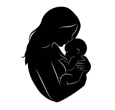 Emziren anne silueti. Bu görüntü, siyah ve beyaz bir siluet şeklinde betimlenmiş bir annenin bebeğini şefkatle kucaklayıp emzirmesini gösteriyor. Clipart illüstrasyon tasarımı.