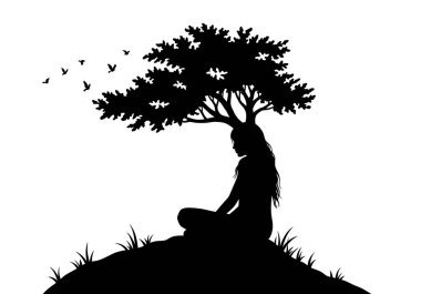 Tabiat ana silueti. Bu görüntü, tepede oturan bir kadının siluetini kafasından çıkan bir ağaçla doğayla olan bağlantıyı simgeliyor. Clipart illüstrasyon tasarımı.