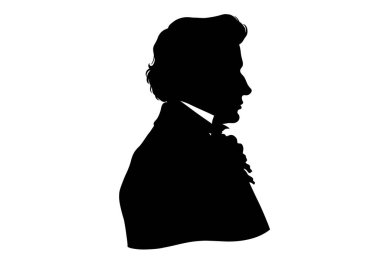 Chopin silueti. Bu resim Chopin 'in siluet profilini gösteriyor, ünlü bir klasik besteci, siyah beyaz tasvir edilmiş. Clipart illüstrasyon tasarımı.