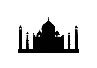 Taj Mahal silueti. Bu resim, Hindistan 'ın Agra kentindeki simgesel bir İslami Babür mimari anıtı olan Tac Mahal' in siyah bir siluetidir. Clipart illüstrasyon tasarımı.