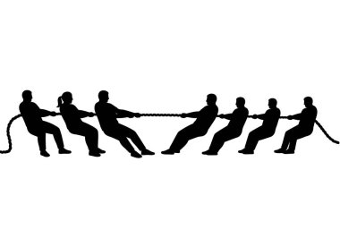 Savaş siluetinin römorkörü. Bu görüntü, çekişmeli bir çekişme içinde büyük bir gayretle ipi çeken iki takımın siyah silueti. Clipart illüstrasyon tasarımı.