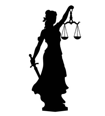Bayan adalet silueti. Bu resim Adalet Anıtı 'nın siyah bir siluetini gösteriyor. Sembolik bir figür, elinde pullar ve bir kılıç tutuyor. Çoğu zaman gözleri bağlı. Clipart illüstrasyon tasarımı.