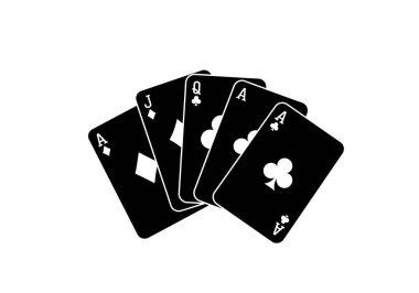 Kağıt silueti oynuyorum. Bu resim, karo ası, karo valesi, karo kızı ve iki sinek ası içeren siyah kart siluetlerini gösteriyor. Clipart illüstrasyon tasarımı.