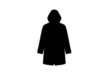 Yağmurluk silueti. Bu resim siyah bir yağmurluk siluetini gösteriyor, kapüşonlu uzun bir palto. Clipart illüstrasyon tasarımı.