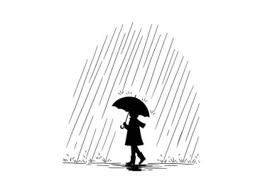 Yağmurlu bir gün silueti. Bu resim yağmurda şemsiye tutan bir kişinin siyah siluetini tasvir ediyor. Clipart illüstrasyon tasarımı.