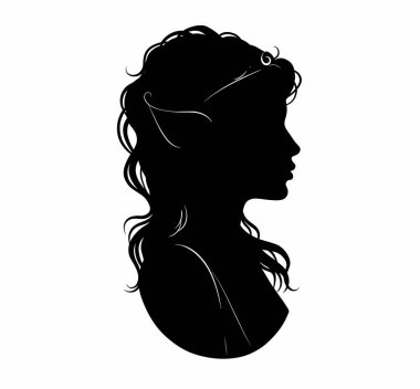 Cameo silueti. Bu resim, kıvırcık saçlı ve muhtemelen elf özellikleri olan bir kişinin profilini tasvir eden siyah bir görüntü sunuyor. Clipart illüstrasyon tasarımı.