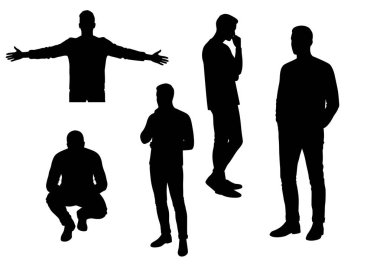 Karakter silueti. Bu resim siyah erkek figürünün çeşitli pozlarda ana hatlarını gösteriyor. Clipart illüstrasyon tasarımı.