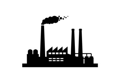 Fabrika silueti. Bu resim siyah bir fabrikanın ana hatlarını gösteriyor. Tüten bacaları olan, endüstriyel bir fabrika. Clipart illüstrasyon tasarımı.