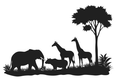 Orman hayvanları silueti. Bu resim bir filin, zürafanın ve bir gergedanın ağaç altındaki siyah çizgilerini gösteriyor. Clipart illüstrasyon tasarımı.
