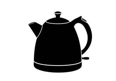 Su ısıtıcısı silueti. Bu resim, ısıtma suyu için bir mutfak aleti olan siyah bir elektrikli su ısıtıcısını gösteriyor. Clipart illüstrasyon tasarımı.