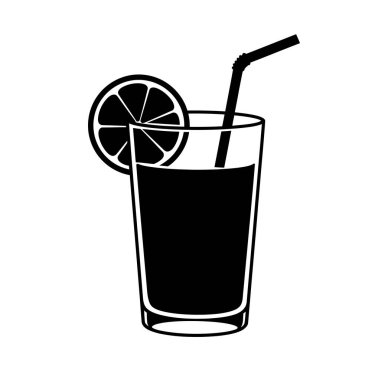 Limonata silueti. Bu resim, limon dilimi ve samanla çizilmiş siyah bir limonata bardağını gösteriyor. Clipart illüstrasyon tasarımı.