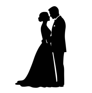 Evlilik silueti. Bu resim siyah bir gelin ve damadın birbirine sarılıp evliliği temsil ettiğini gösteriyor. Clipart illüstrasyon tasarımı.