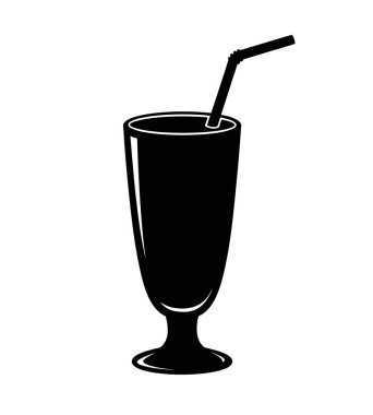 Milkshake silueti. Bu resim siyah bir milkshake bardağı ana hatlarını gösteriyor, bir pipetle, tatlı bir içeceği temsil ediyor. Clipart illüstrasyon tasarımı.