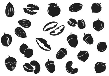 Çatlak silueti. Bu resim badem, ceviz ve ceviz içeren siyah fındık hatlarını gösteriyor. Clipart illüstrasyon tasarımı.