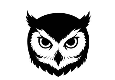 Baykuş suratlı siluet. Bu resim bir baykuşun yüzünün siyah bir siluetini gösteriyor. Yoğun gözleri, keskin gagası ve ayrıntılı tüy desenleri var. Clipart illüstrasyon tasarımı.