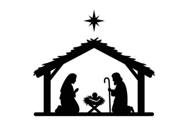 Noel karyolası silueti. Bu resim, Meryem, Yusuf ve bebek İsa 'nın bir ahırın altında bir yıldızın altında doğduğu bir doğum sahnesini gösteriyor. Clipart illüstrasyon tasarımı.