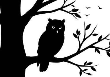 Ağaç siluetinde baykuş. Bu resim, ağaç dalına tünemiş siyah bir baykuş silueti ve detaylı yapraklar ve huzurlu bir gece manzarasını gösteriyor. Clipart illüstrasyon tasarımı.