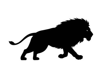 Koşan aslan silueti. Bu görüntü güçlü bir aslanın hareketini gösteriyor, gücünü, çevikliğini ve vahşi doğasını cesur, karanlık bir hatla vurguluyor. Clipart illüstrasyon tasarımı.