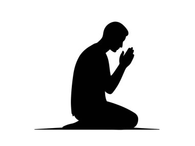 Dua eden adam silueti. Bu resim, diz çökmüş bir figürü, sadakat, inanç, meditasyon ve hürmeti simgeleyen bir jestle gösteriyor. Clipart illüstrasyon tasarımı.