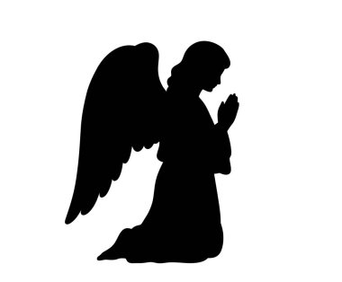 Dua eden melek silueti. Bu resim, diz çökmüş, ellerini kaldırmış, duayı ve bağlılığı sembolize eden bir figürü gösteriyor. Clipart illüstrasyon tasarımı.