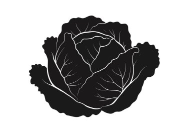 Lahana silueti. Bu resim, genellikle yenilebilir yeşil yapraklarıyla yetiştirilen yapraklı bir sebze olarak da bilinen bir lahananın siyah siluetini gösteriyor. Clipart illüstrasyon tasarımı.