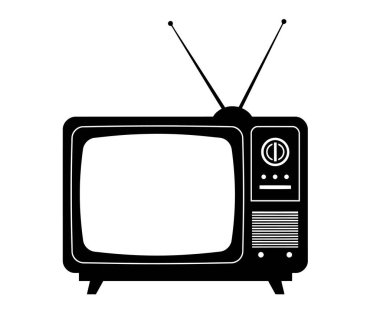 Eski bir televizyon silueti. Bu resim, geçmişe dönük eğlence ve nostaljik medya teknolojisini sembolize eden eski bir televizyon setinin siyah siluetini sergiliyor. Clipart illüstrasyon tasarımı.