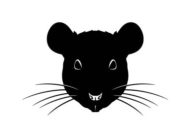 Fare suratlı siluet. Bu görüntü, farenin siyah bir siluetini, belirgin kulakları, gözleri, burnu ve bıyıkları ile bir kemirgenin belirgin özelliklerini temsil ediyor. Clipart illüstrasyon tasarımı.