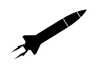 Füze silueti. Bu resim, uzay, ordu ve savunma uygulamalarında kullanılan roket benzeri bir tasarımı tasvir eden siyah bir füze siluetini gösteriyor. Clipart illüstrasyon tasarımı.