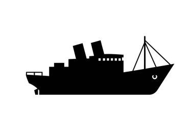 Gemi silueti. Bu resim, bacalar, direkler ve pencereler gibi belirgin özelliklere sahip bir geminin siyah siluetini gösteriyor. Clipart illüstrasyon tasarımı.