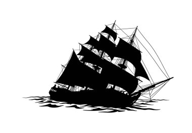 Batan gemi silueti. Bu görüntü, okyanusta batıyor gibi görünen, birden fazla yelkenli ve yelkenli yelkenli gemisinin siyah siluetini gösteriyor. Clipart illüstrasyon tasarımı.