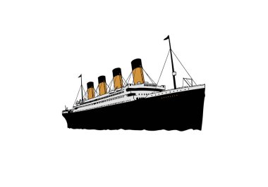 Titanik silueti. Bu resim Titanik 'in siyah-beyaz siluetini gösteriyor, aynı zamanda RMS Titanik olarak da bilinir, dört ayırt edici bacasıyla. Clipart illüstrasyon tasarımı.