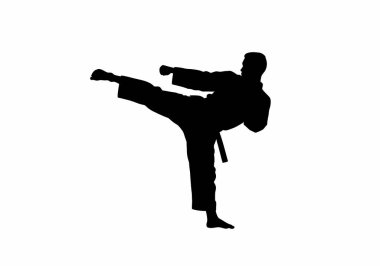 Tekvando silueti. Bu görüntü, halteri kaldıran bir kişinin siyah siluetini gösteriyor. Güç, dayanıklılık ve fiziksel performansı temsil ediyor. Clipart illüstrasyon tasarımı.