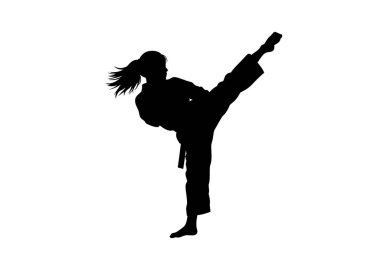 Tekvando silueti tekmeler. Bu resim, dövüş sanatları tekniğini ve hareketini vurgulayarak tekvando tekmesi yapan bir kişinin siluetini gösteriyor. Clipart illüstrasyon tasarımı.
