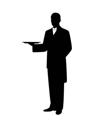 Kâhya silueti. Bu resimde, smokin ve papyon da dahil olmak üzere resmi giyinmiş bir tepsi taşıyan bir uşak ya da garsonun siyah bir silueti yer alıyor. Clipart illüstrasyon tasarımı.