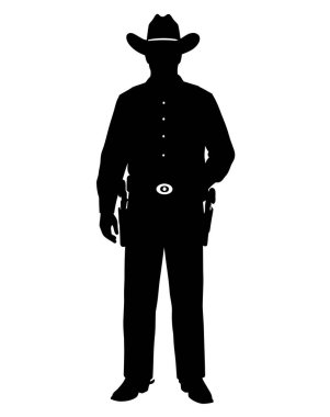 Şerif Silhouette. Bu görüntü, kanun, düzen ve otoriteyi sembolize eden belirgin kovboy unsurlarına sahip bir şerifin siyah siluetini içeriyor. Clipart illüstrasyon tasarımı.