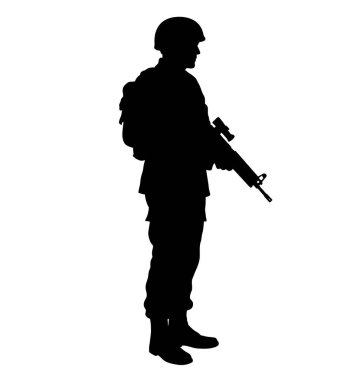 Asker silueti. Bu resim, paraşütle inen bir askerin siyah siluetini gösteriyor. Asker paraşütün kontrol kollarını tutuyor, tepe örtüsü tamamen yukarıda. Clipart illüstrasyon tasarımı.