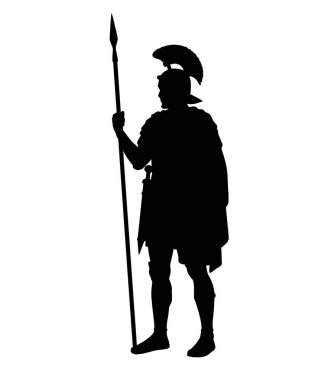 Romalı asker silueti. Bu resim zırhlı bir Romalı savaşçının siyah siluetini tasvir ediyor. Tarihi askeri güç ve onur sergiliyor. Clipart illüstrasyon tasarımı.