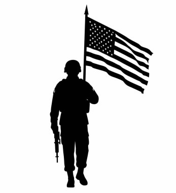 Bayrak askeri silueti. Bu resim, elinde bayrak tutan bir askerin siyah siluetini tasvir ediyor. Vatanseverliği, onuru ve askerlik hizmetini sembolize ediyor. Clipart illüstrasyon tasarımı.
