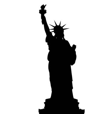 Özgürlük Heykeli silueti. Bu resim, Amerika 'da özgürlük ve demokrasinin simgesi olan Özgürlük Anıtı' nın siyah bir siluetini gösteriyor. Clipart illüstrasyon tasarımı.