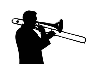 Tromboncu silueti. Bu resim, trombon çalan bir müzisyenin, yüksek performans, müzikal ifade ve sanatsal yaratıcılığı vurgulayan karanlık ana hatlarını gözler önüne seriyor. Clipart illüstrasyon tasarımı.