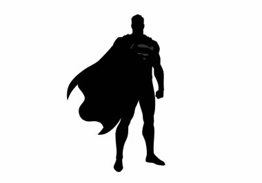 Süpermen silueti. Bu, cesur bir siyah beyaz Süpermen silueti, aynı zamanda kahraman bir figür, akan bir pelerini ve S amblemi var, güçlü bir şekilde duruyor. Clipart illüstrasyon tasarımı.