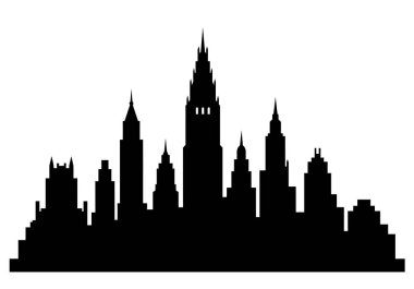 Gotham 'ın silueti. Bu, Gotham 'ın cesur siyah beyaz silueti, aynı zamanda şehir silueti, yüksek kuleleri ve binaları ile karanlık, gizemli bir metropolü çağrıştırıyor. Clipart illüstrasyon tasarımı.