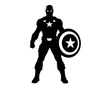 Yenilmezler silueti. Bu, siyah siyah siyah bir Kaptan Amerika siluetini gösteriyor, elinde yıldız kalkanı var, ikonik bir Marvel kahramanı. Clipart illüstrasyon tasarımı.