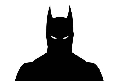 Batman baş silueti. Bu, sivri kulakları ve delici gözleri olan simgesel ve gizemli siyah Batman baş siluetini gösteriyor. Clipart illüstrasyon tasarımı.